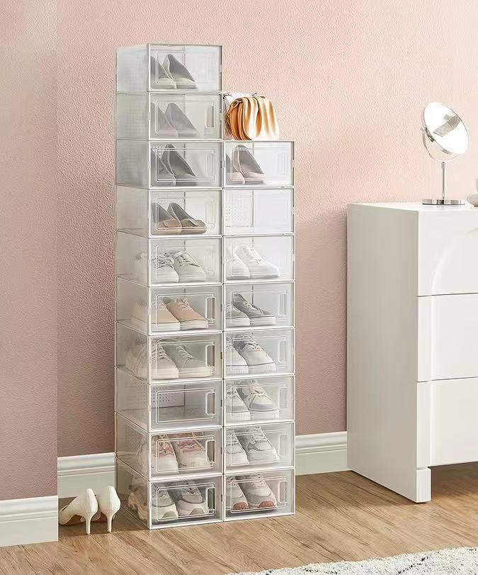 Foldable Shoe Boxes, Pack of 18 Shoe Storage Organizers, Stackable Clear Plastic Boxes for Closet, Fit up to US Size 11, Transparent and White