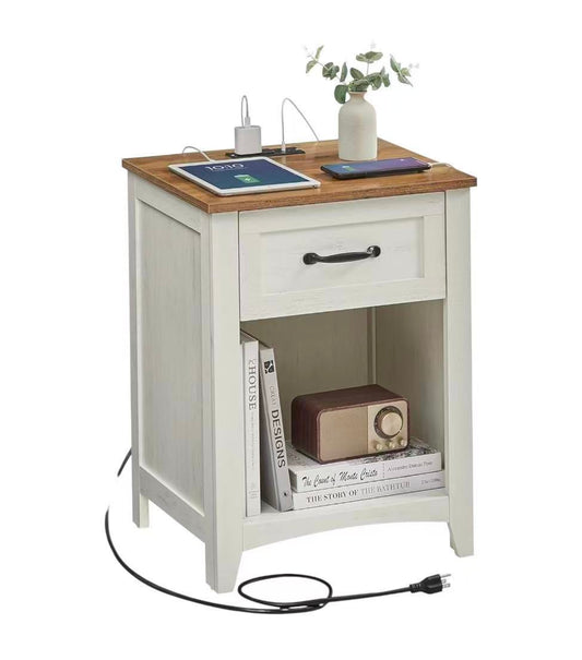 Vintage Style Nightstand with Charging Station, Bedside Table, Side Table with Drawer, Open Compartment, for Bedroom, Wood Tone and Misty Gray