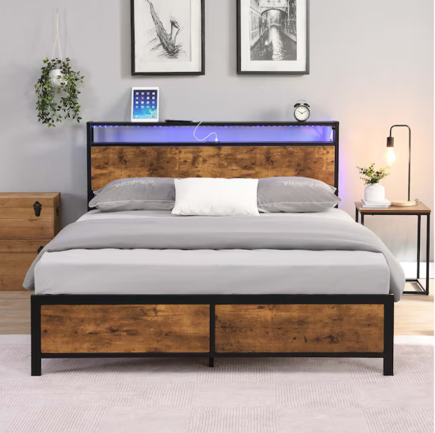 Queen Size Bed Frame, Bed Frame with Charging Station and LED Lights, Metal Shelves Non-Slip, Noise-Free, Easy Assembly, No Box Springs Needed, Rustic Brown and Black