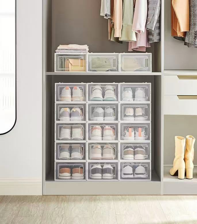 Foldable Shoe Boxes, Pack of 18 Shoe Storage Organizers, Stackable Clear Plastic Boxes for Closet, Fit up to US Size 11, Transparent and White