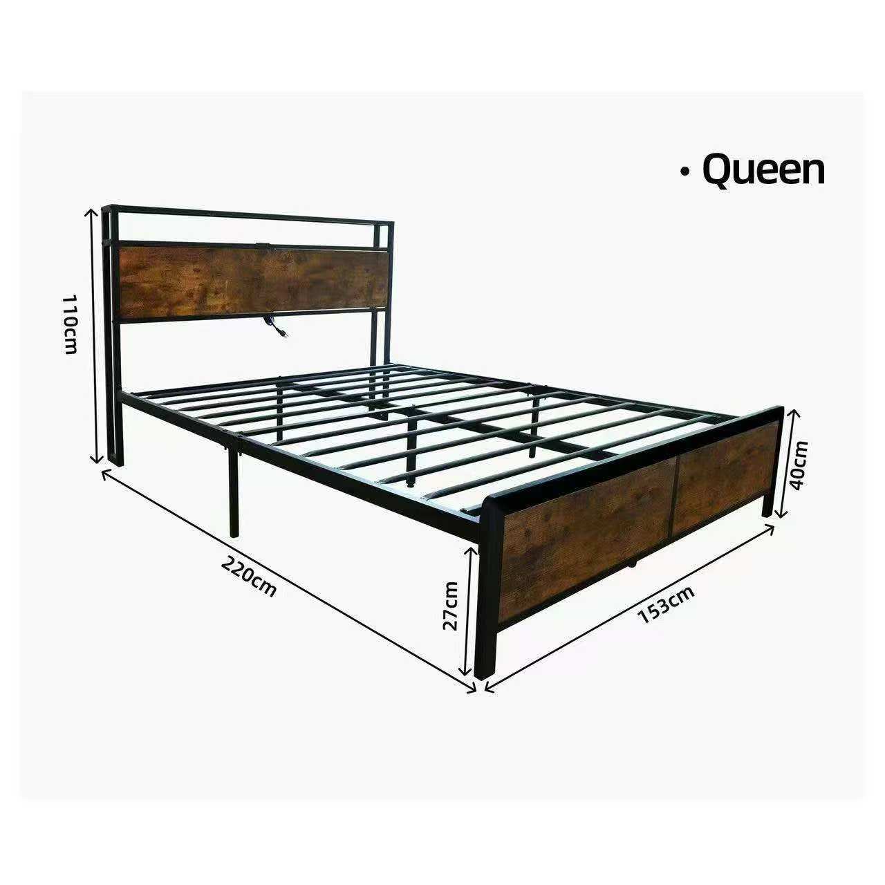 Queen Size Bed Frame, Bed Frame with Charging Station and LED Lights, Metal Shelves Non-Slip, Noise-Free, Easy Assembly, No Box Springs Needed, Rustic Brown and Black