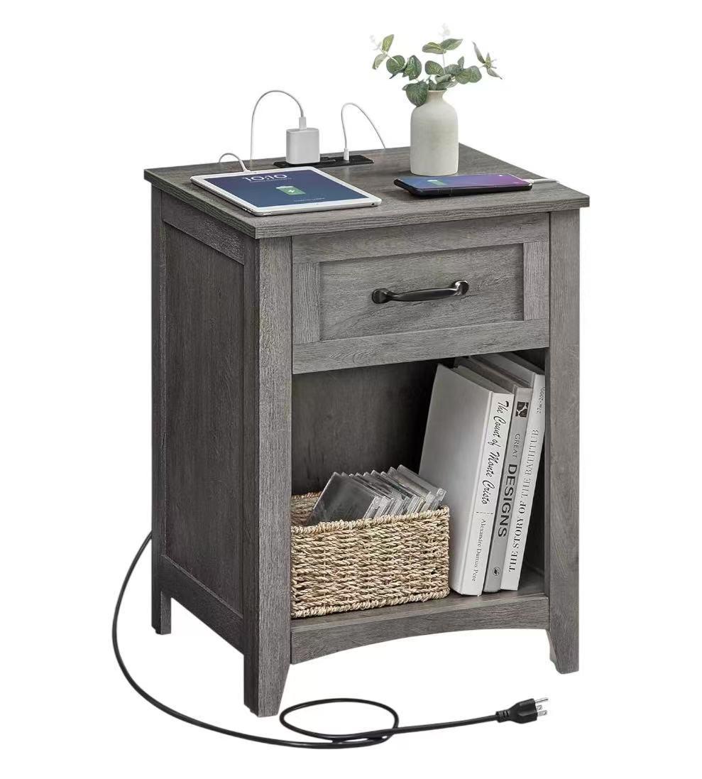 Vintage Style Nightstand with Charging Station, Bedside Table, Side Table with Drawer, Open Compartment, for Bedroom, Wood Tone and Misty Gray