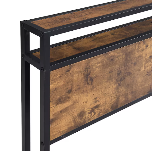 Queen Size Bed Frame, Bed Frame with Charging Station and LED Lights, Metal Shelves Non-Slip, Noise-Free, Easy Assembly, No Box Springs Needed, Rustic Brown and Black