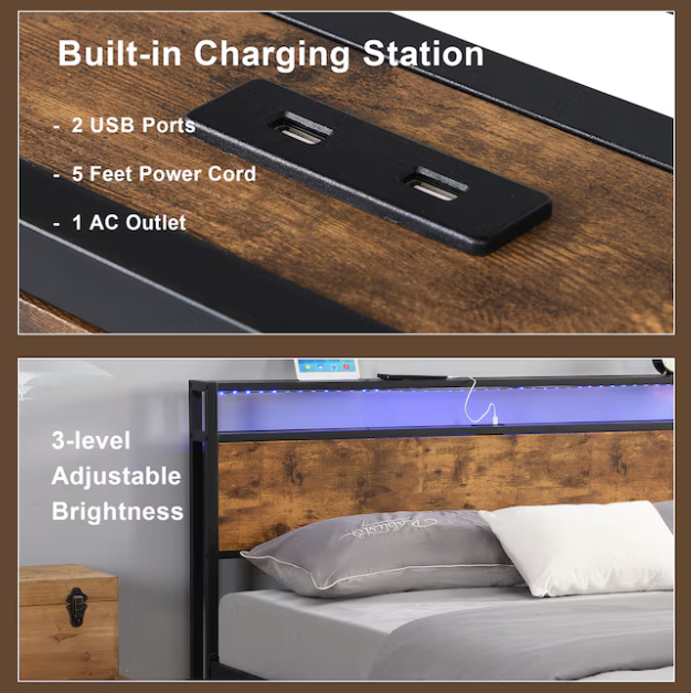 Queen Size Bed Frame, Bed Frame with Charging Station and LED Lights, Metal Shelves Non-Slip, Noise-Free, Easy Assembly, No Box Springs Needed, Rustic Brown and Black