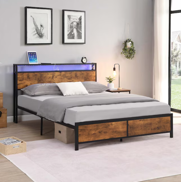 Queen Size Bed Frame, Bed Frame with Charging Station and LED Lights, Metal Shelves Non-Slip, Noise-Free, Easy Assembly, No Box Springs Needed, Rustic Brown and Black