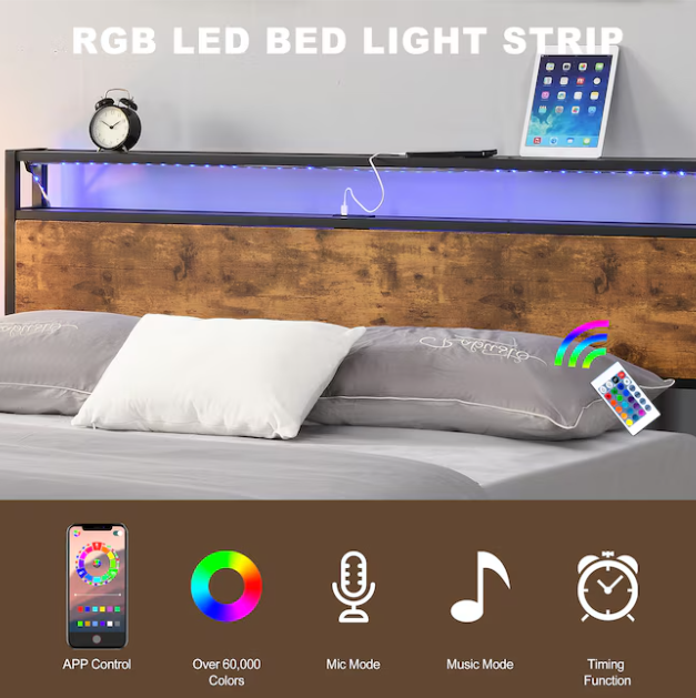 Queen Size Bed Frame, Bed Frame with Charging Station and LED Lights, Metal Shelves Non-Slip, Noise-Free, Easy Assembly, No Box Springs Needed, Rustic Brown and Black