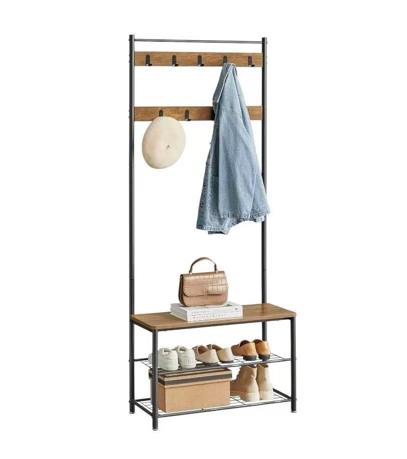 Entryway Coat Rack with Shoe Bench, Shoe Rack with Hall Tree, Rustic Brown