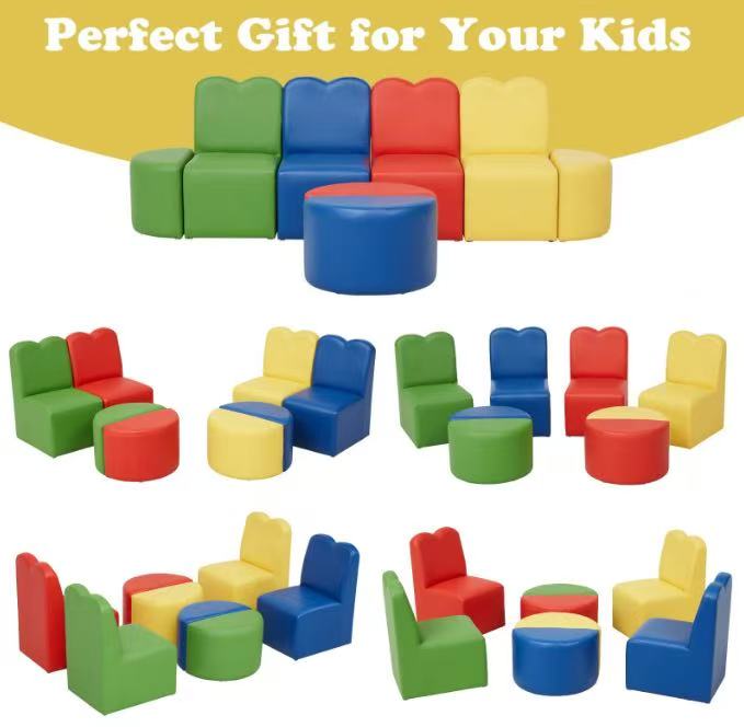 8PCS Toddler Sofa Couch for Kids – A colorful, multifunctional play couch ideal for playrooms, bedrooms, and daycare centers. Designed for indoor play, reading, and creative activities