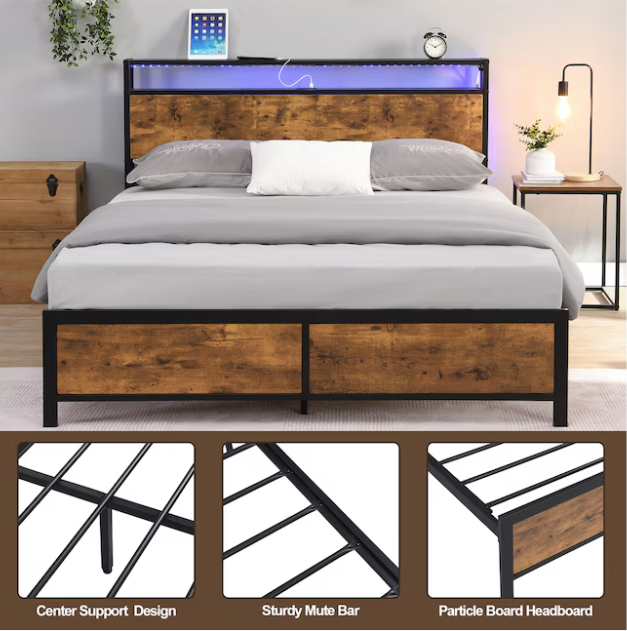 Queen Size Bed Frame, Bed Frame with Charging Station and LED Lights, Metal Shelves Non-Slip, Noise-Free, Easy Assembly, No Box Springs Needed, Rustic Brown and Black