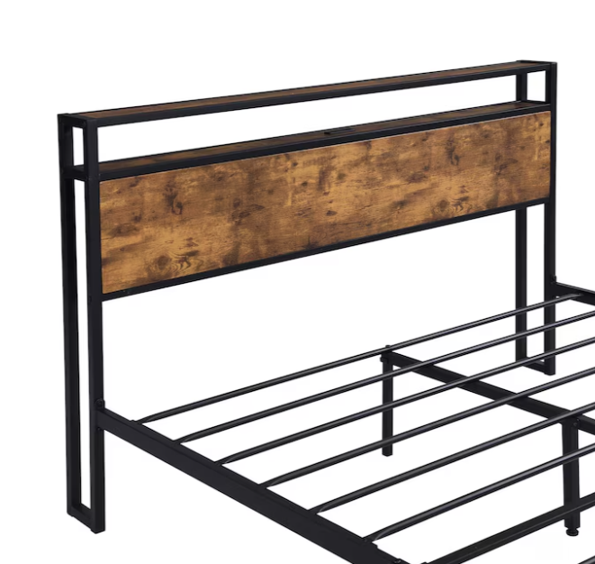 Queen Size Bed Frame, Bed Frame with Charging Station and LED Lights, Metal Shelves Non-Slip, Noise-Free, Easy Assembly, No Box Springs Needed, Rustic Brown and Black