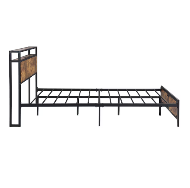 Queen Size Bed Frame, Bed Frame with Charging Station and LED Lights, Metal Shelves Non-Slip, Noise-Free, Easy Assembly, No Box Springs Needed, Rustic Brown and Black