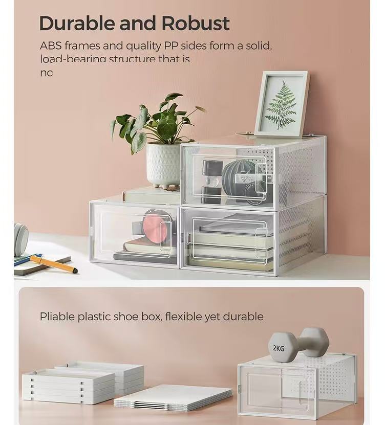 Foldable Shoe Boxes, Pack of 18 Shoe Storage Organizers, Stackable Clear Plastic Boxes for Closet, Fit up to US Size 11, Transparent and White