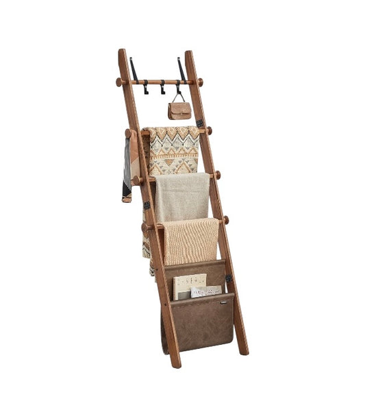 Wooden Blanket Ladder for Living Room, 5-Tier Wooden Ladder Shelf, Decorative Farmhouse Blanket Rack with Synthetic Leather Bag, Metal Hooks, Side Hooks, for Bedroom, Caramel Brown